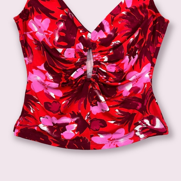 MODA INTERNATIONAL Vintage Y2K Red Pink Floral Tropical Ruched Keyhole Tank Top - Picture 3 of 9